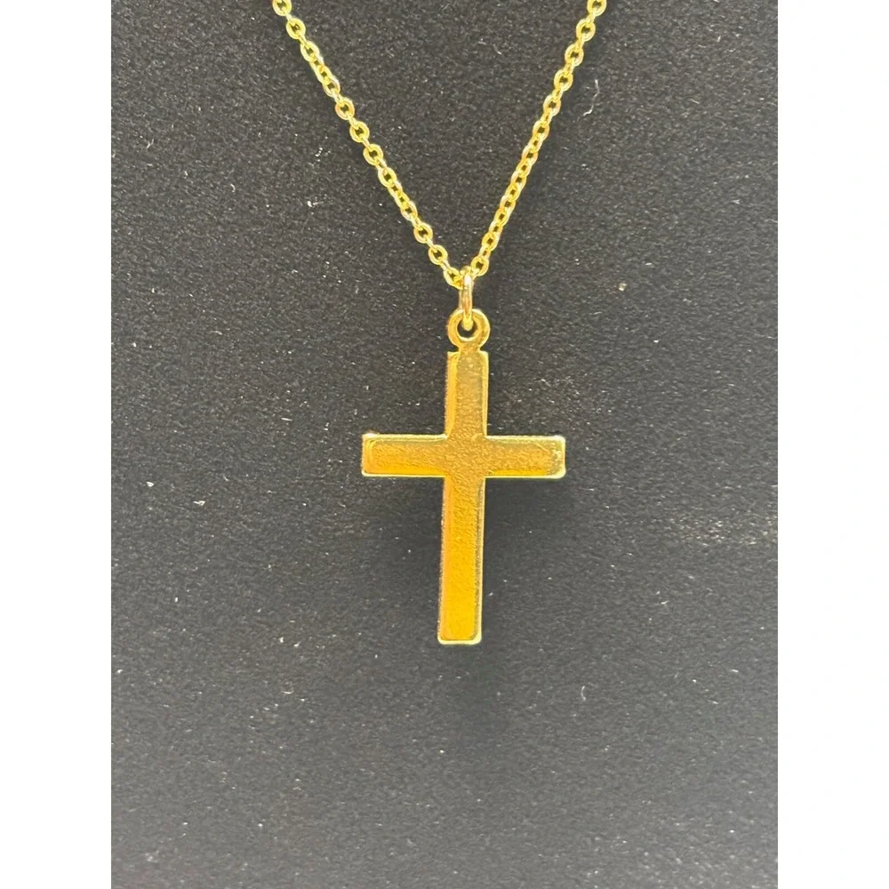 Cross Crucifix‎ Pendant Delicate Crown Trifari Necklace 16 inch Gold Tone